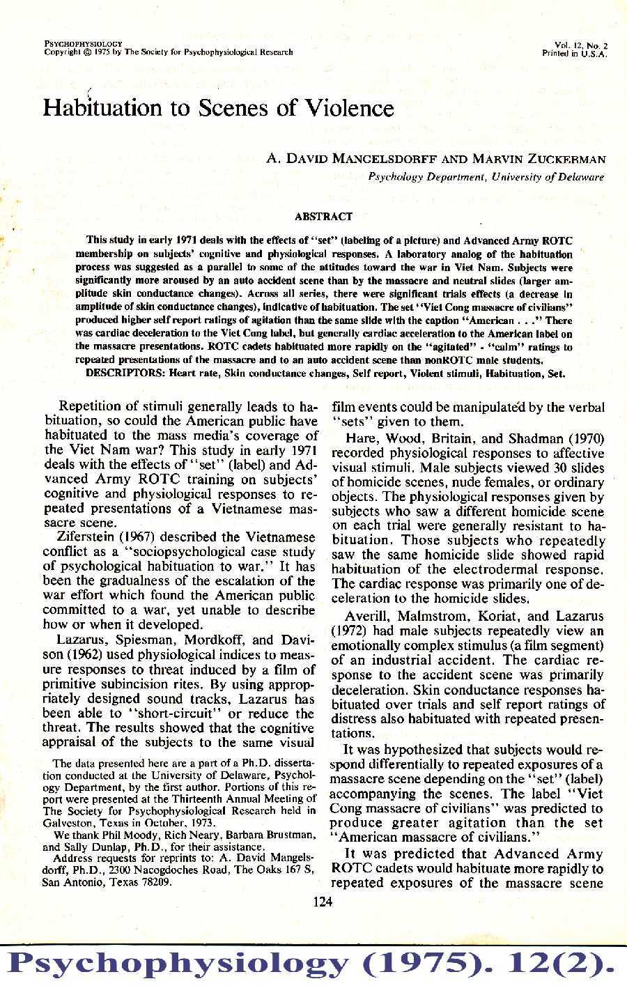 Psychophysiology (1975): Habituation to scenes of violence