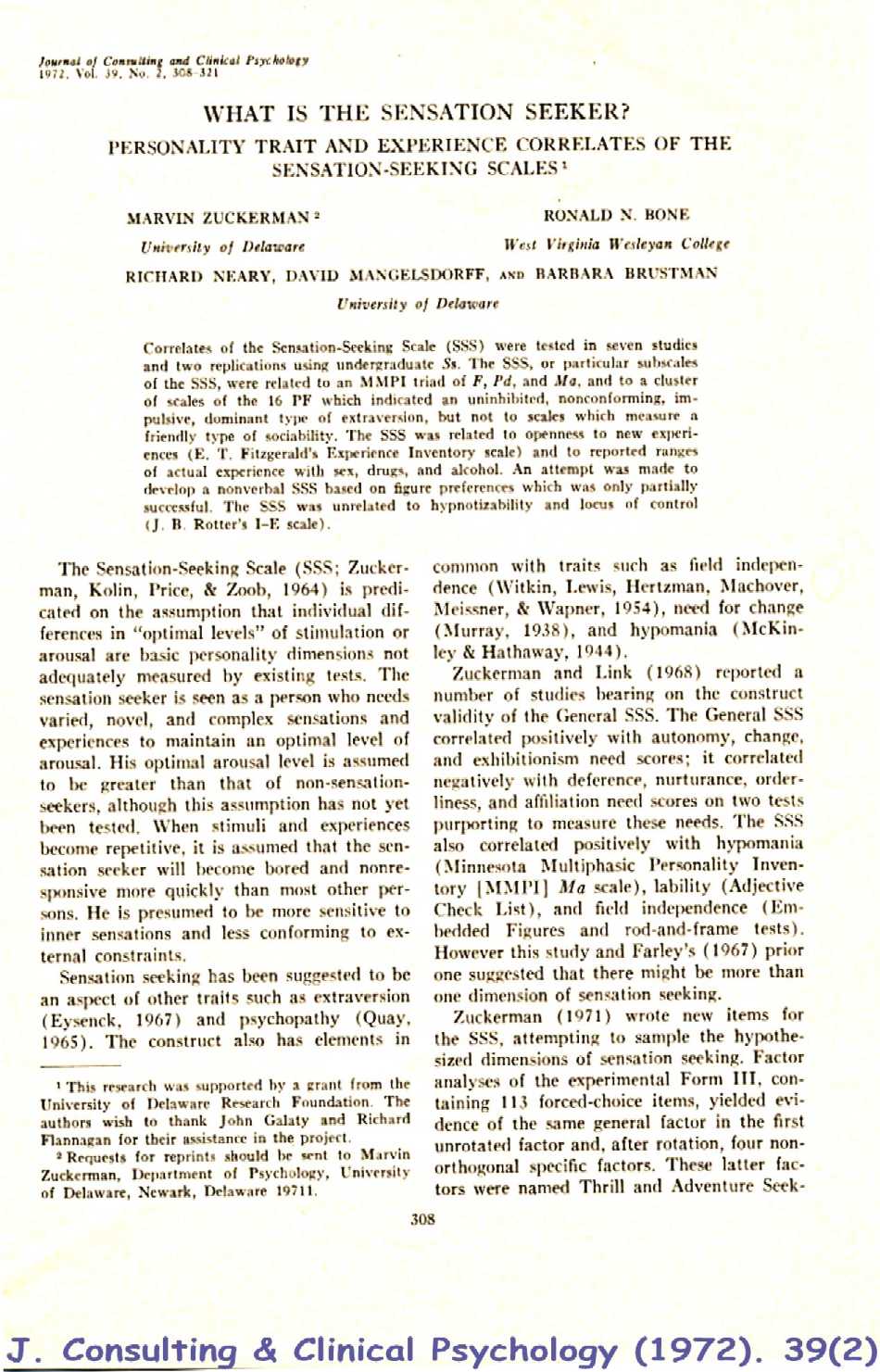 Journal of Consulting and Clinical Psychology (1972): What is the sensation seeker?