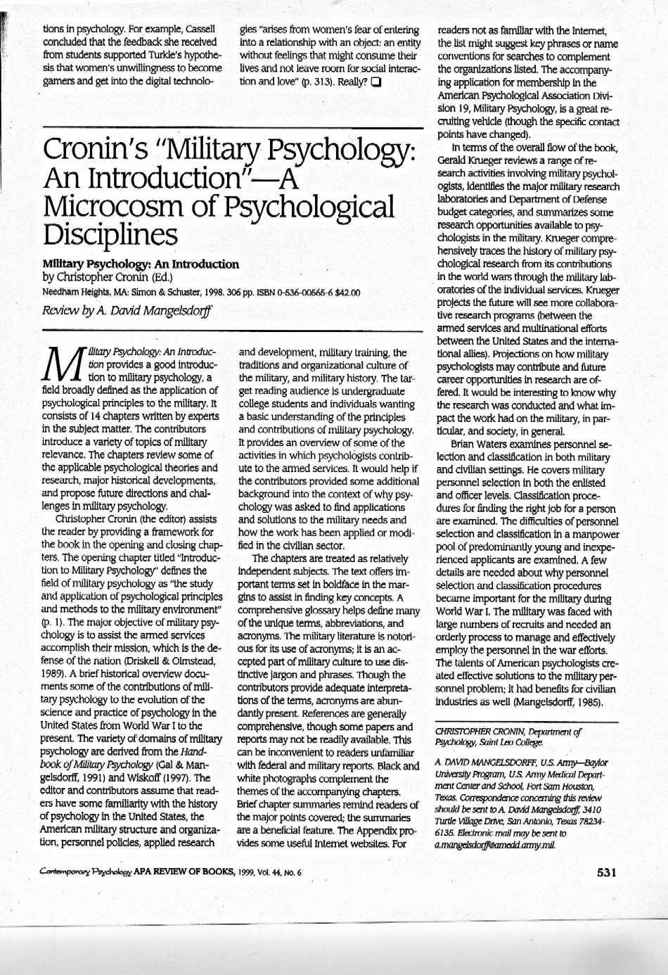 Contemporary Psychology (1999): Cronin's 'Military Psychology: an introduction'-
a microcosm of psychological disciplines