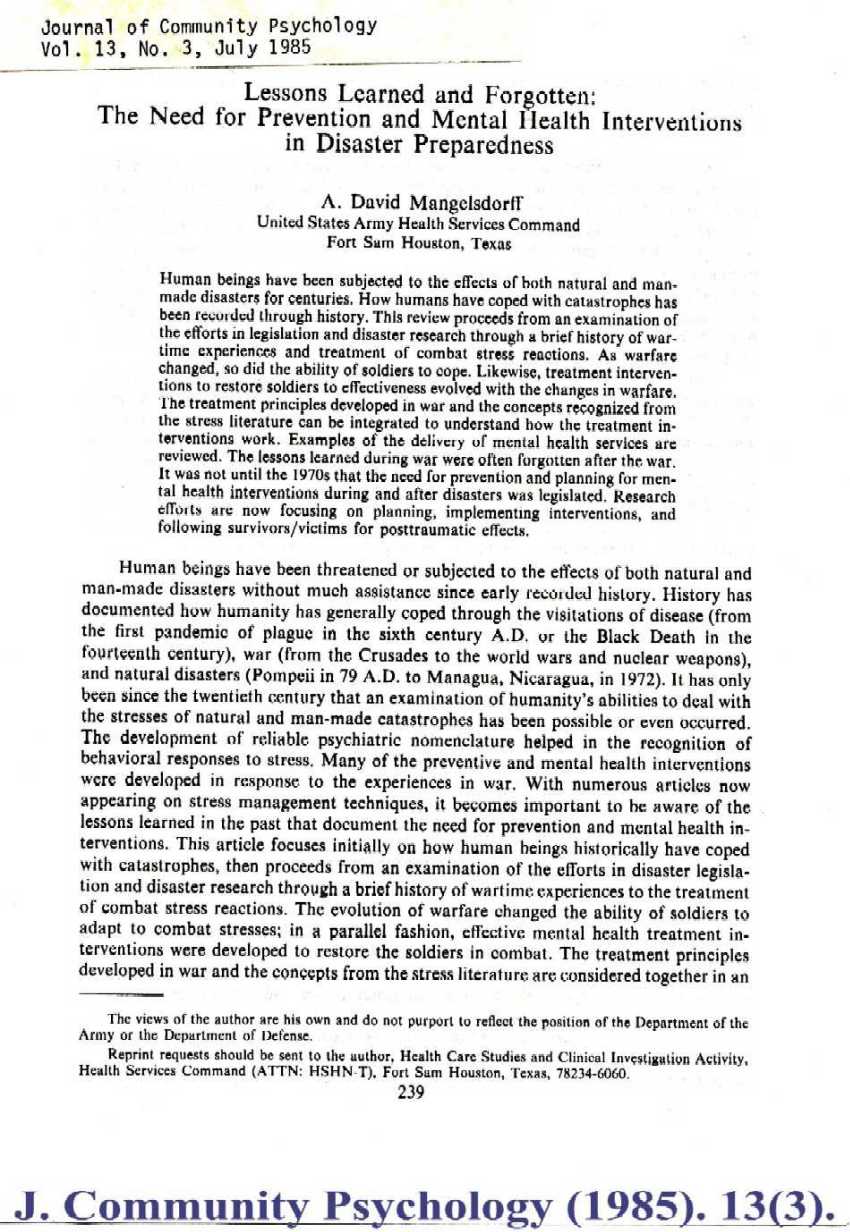 Journal Community Psychology (1985).  Lessons learned and forgotten:  the need for prevention
and mental health interventions in disaster preparedness